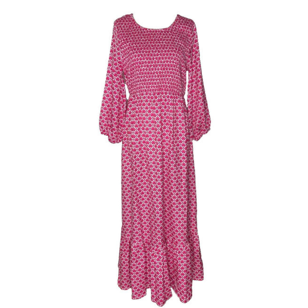 CZ Collection Cezele Maxi Dress S Smocked Pink Puff 3/4 Sleeve Tiered Pink NWT - Picture 1 of 7